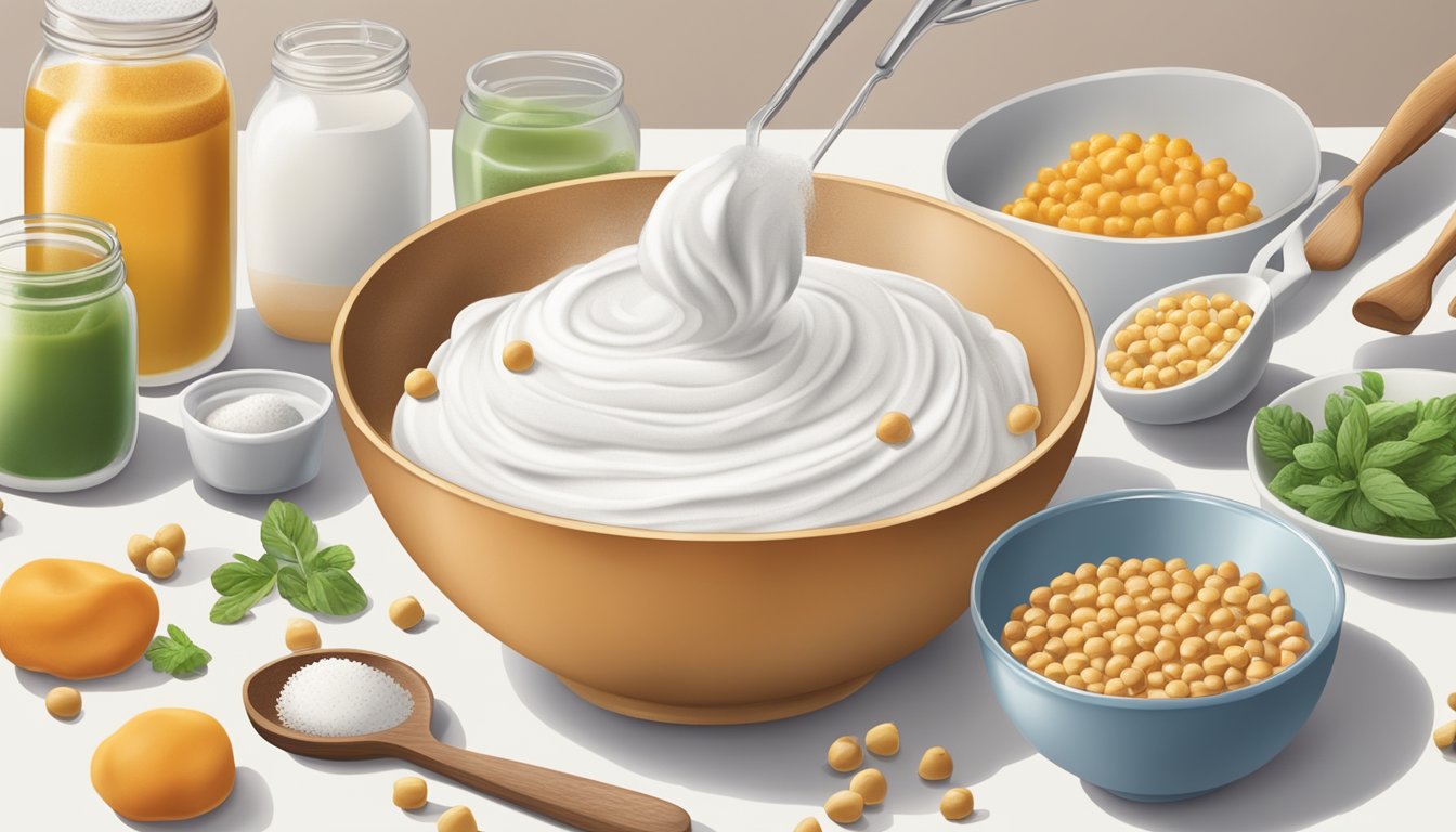 A bowl of chickpea brine being whipped into a thick, white foam, with a variety of kitchen utensils and ingredients nearby for creating aquafaba-based recipes