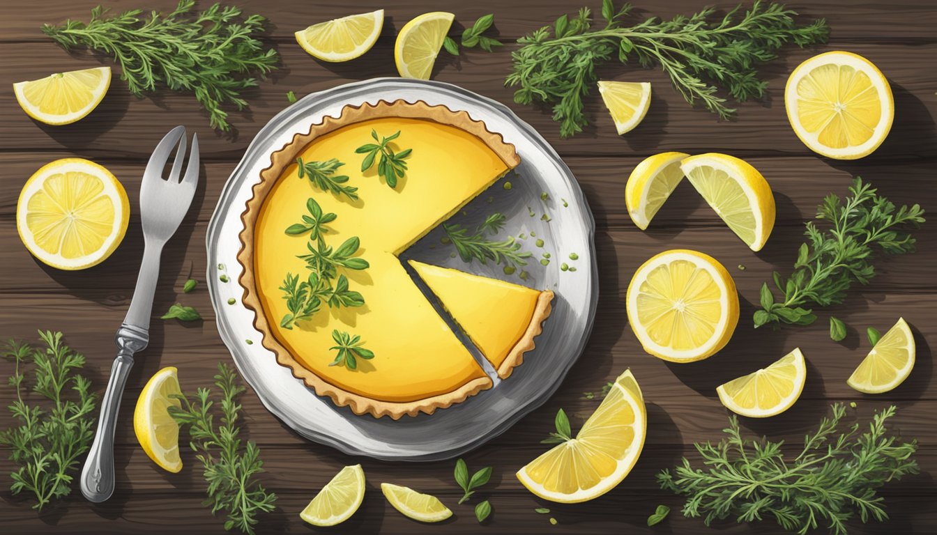 A thyme-infused lemon tart surrounded by fresh thyme sprigs and lemon slices on a rustic wooden table