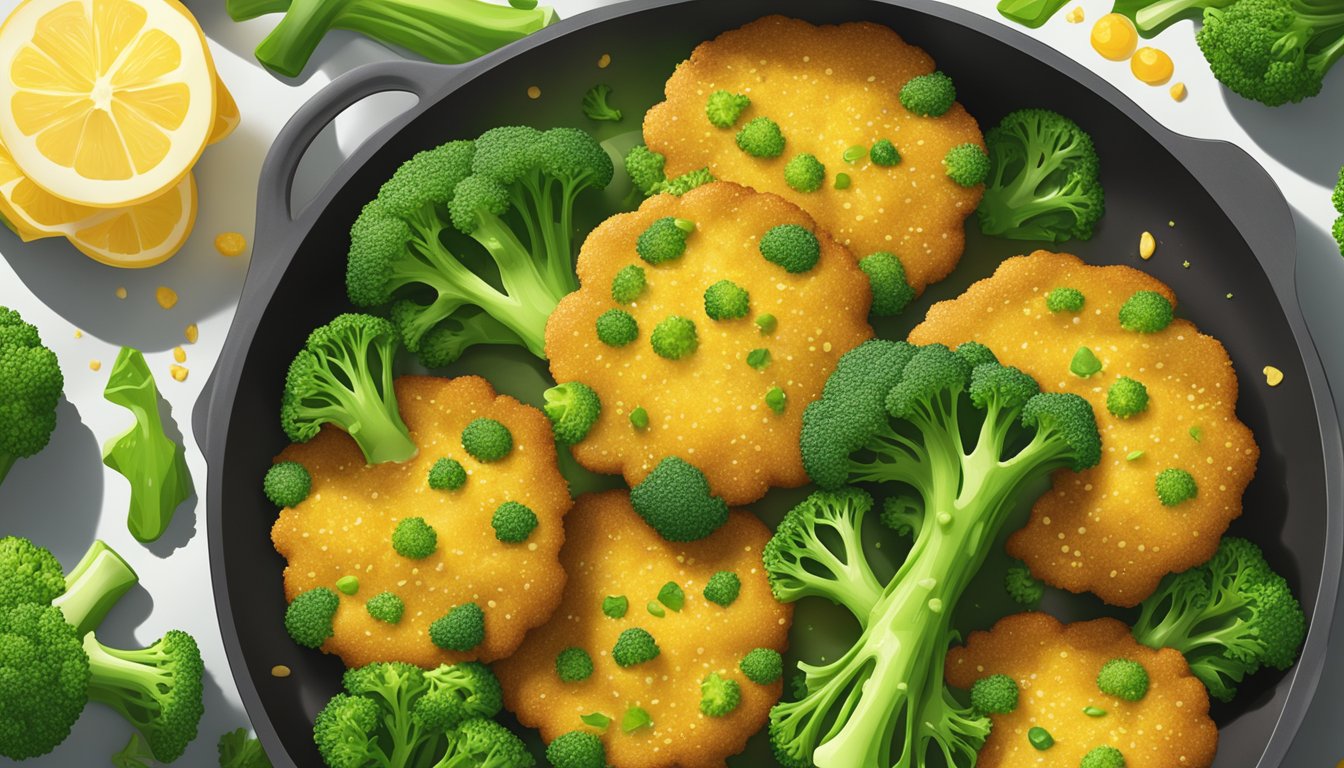 A sizzling pan of golden broccoli fritters surrounded by vibrant green broccoli florets and a sprinkle of seasoning