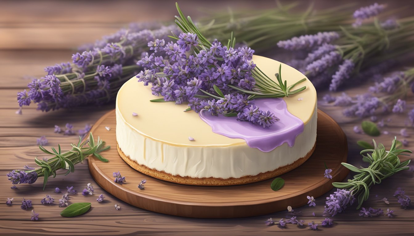 A slice of lavender and thyme cheesecake surrounded by fresh thyme sprigs and lavender flowers on a rustic wooden table