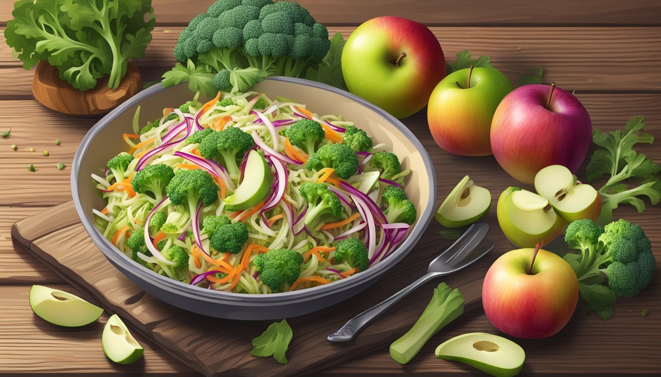 A vibrant bowl of broccoli slaw with apples, surrounded by colorful ingredients and garnishes, placed on a rustic wooden table