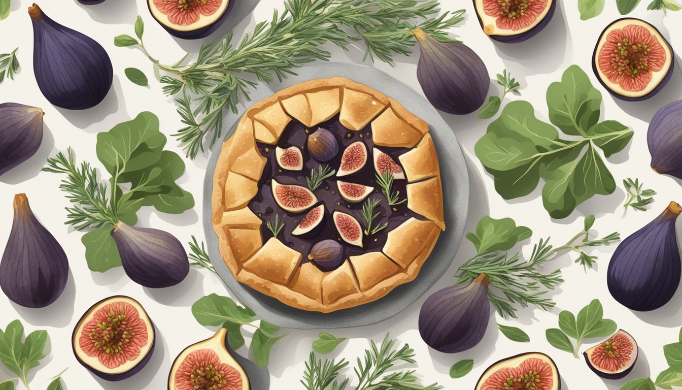 A rustic galette with figs and thyme sprigs, surrounded by scattered thyme leaves and a sprig of fresh thyme