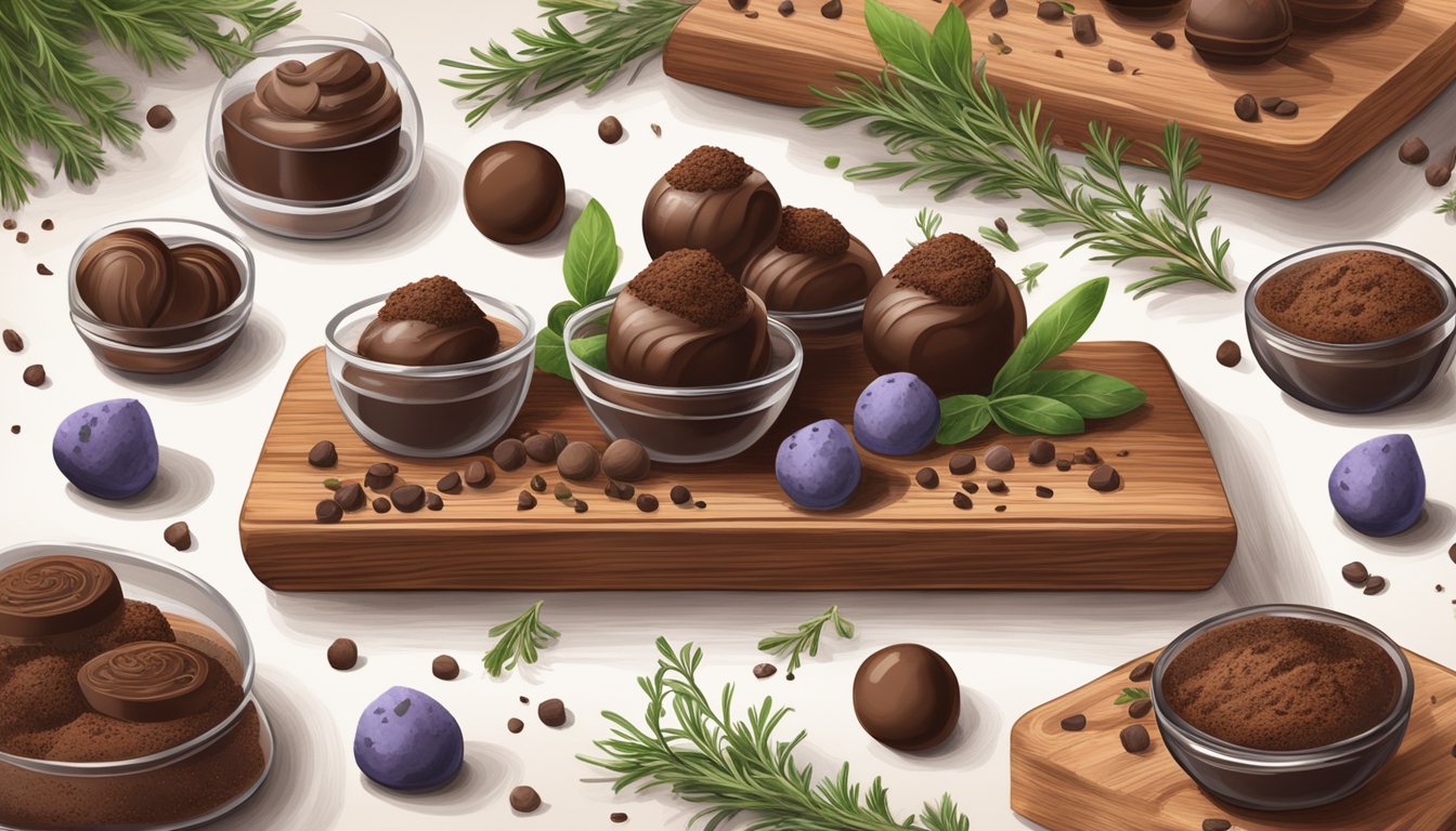 A rustic wooden table set with a variety of thyme-infused chocolate truffles and other unique desserts, surrounded by sprigs of fresh thyme and scattered cocoa powder