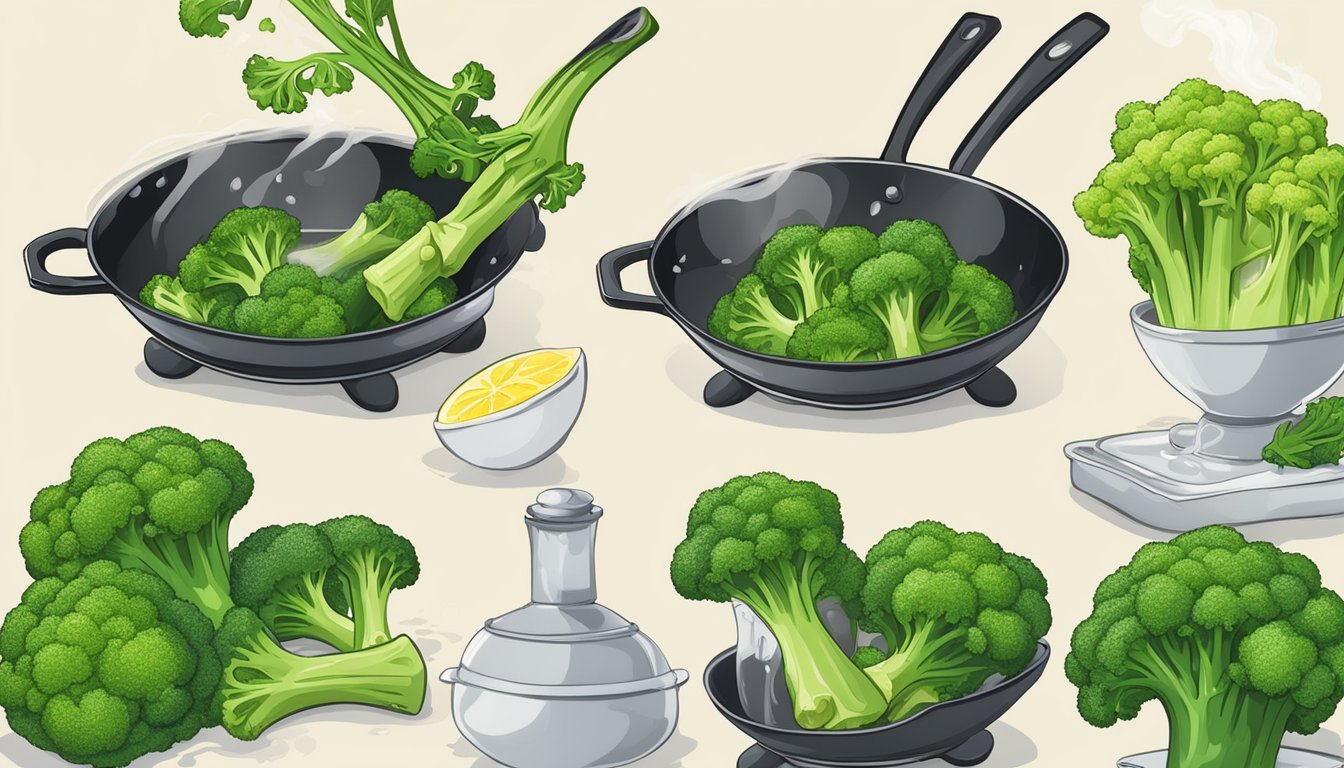 A chef sautés broccoli in a sizzling pan, adding garlic and lemon zest for flavor. Steam rises as the vibrant green vegetable cooks to perfection