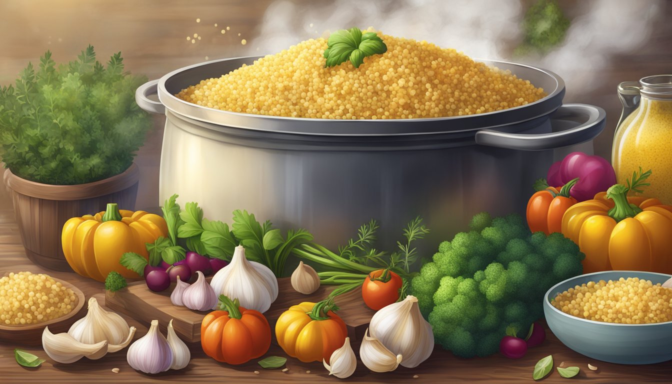 A steaming pot of garlic butter couscous surrounded by colorful vegetables and herbs on a rustic wooden table