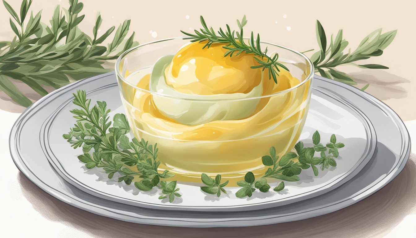 A scoop of thyme sorbet drizzled with honey sits on a delicate dessert plate surrounded by sprigs of fresh thyme