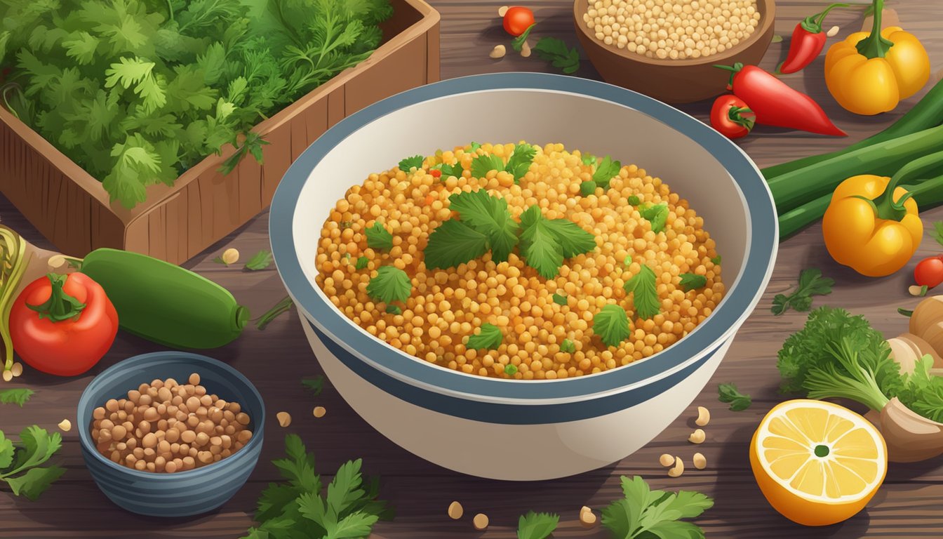 A steaming bowl of spicy chickpea couscous surrounded by colorful vegetables and herbs on a rustic wooden table