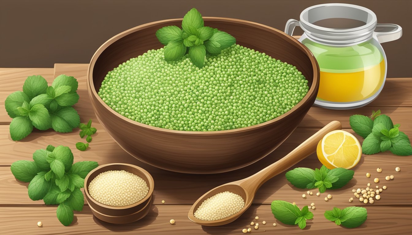 A bowl of mint and pea couscous surrounded by fresh ingredients and cooking utensils on a wooden kitchen counter