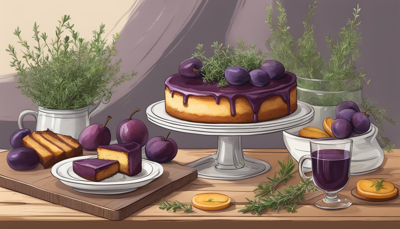 A rustic wooden table with a plum and thyme upside-down cake surrounded by fresh thyme sprigs and other unique thyme-infused desserts