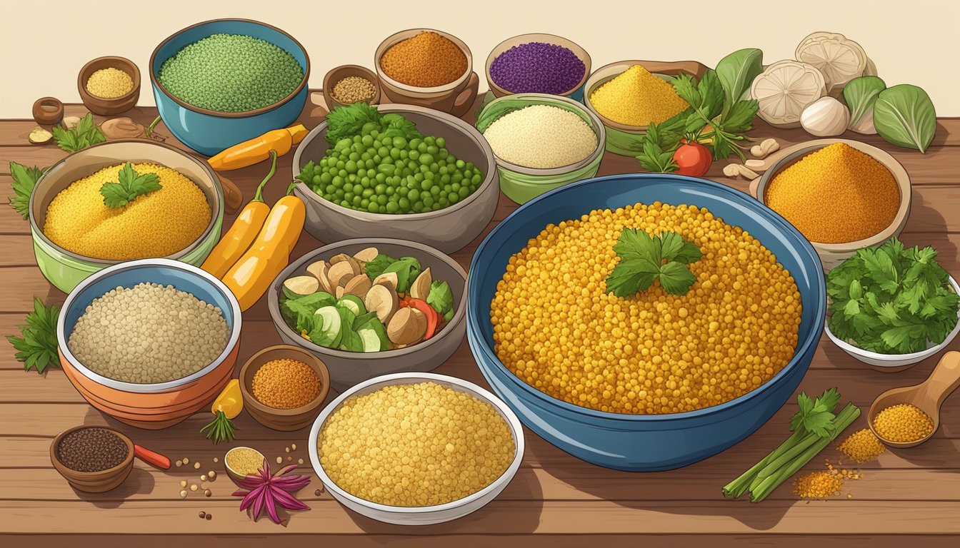 A colorful bowl of curried couscous surrounded by various fresh ingredients and spices on a wooden table