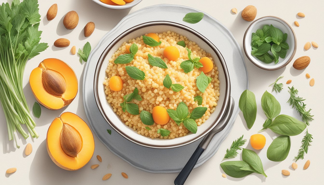 A bowl of apricot almond couscous surrounded by various fresh ingredients and herbs, with a cookbook open to a page titled "25 Quick Sides You Can Make with Couscous."