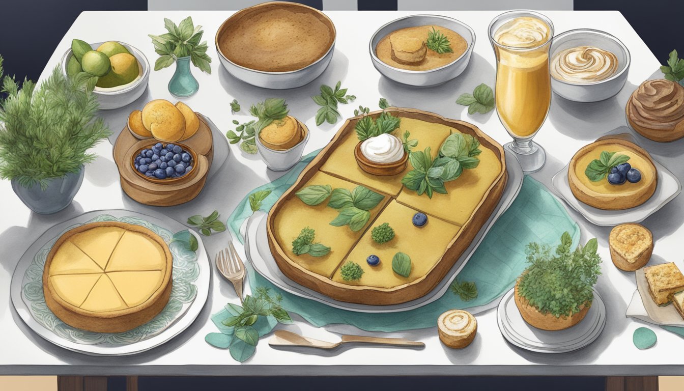 A table set with seven unique desserts, each incorporating thyme, surrounded by global-inspired decor and ingredients