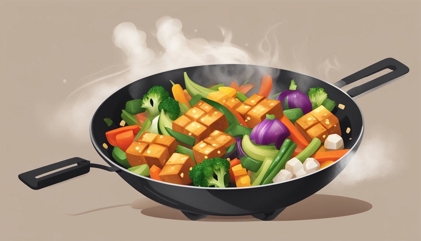 A sizzling stir fry in a wok, featuring cubes of harissa-marinated tofu, colorful vegetables, and aromatic spices, with steam rising from the pan