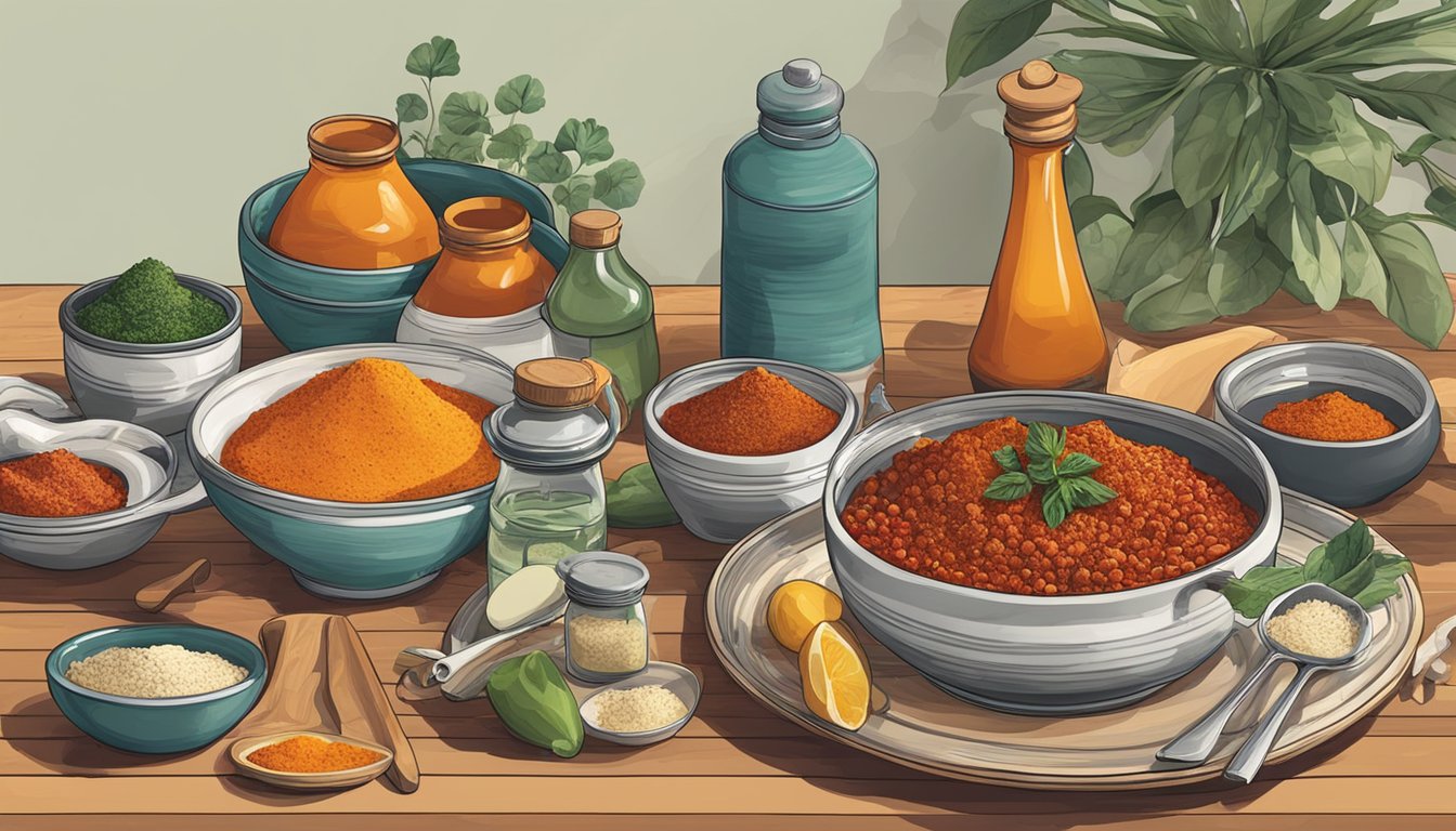 A table set with various ingredients and cooking utensils, with a jar of harissa as the focal point