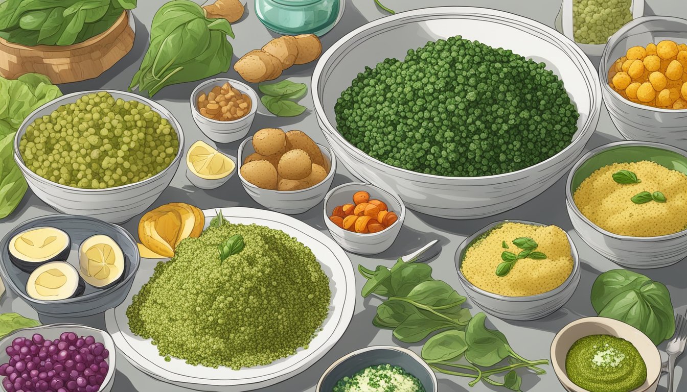 A bowl of spinach pesto couscous surrounded by various quick side dishes