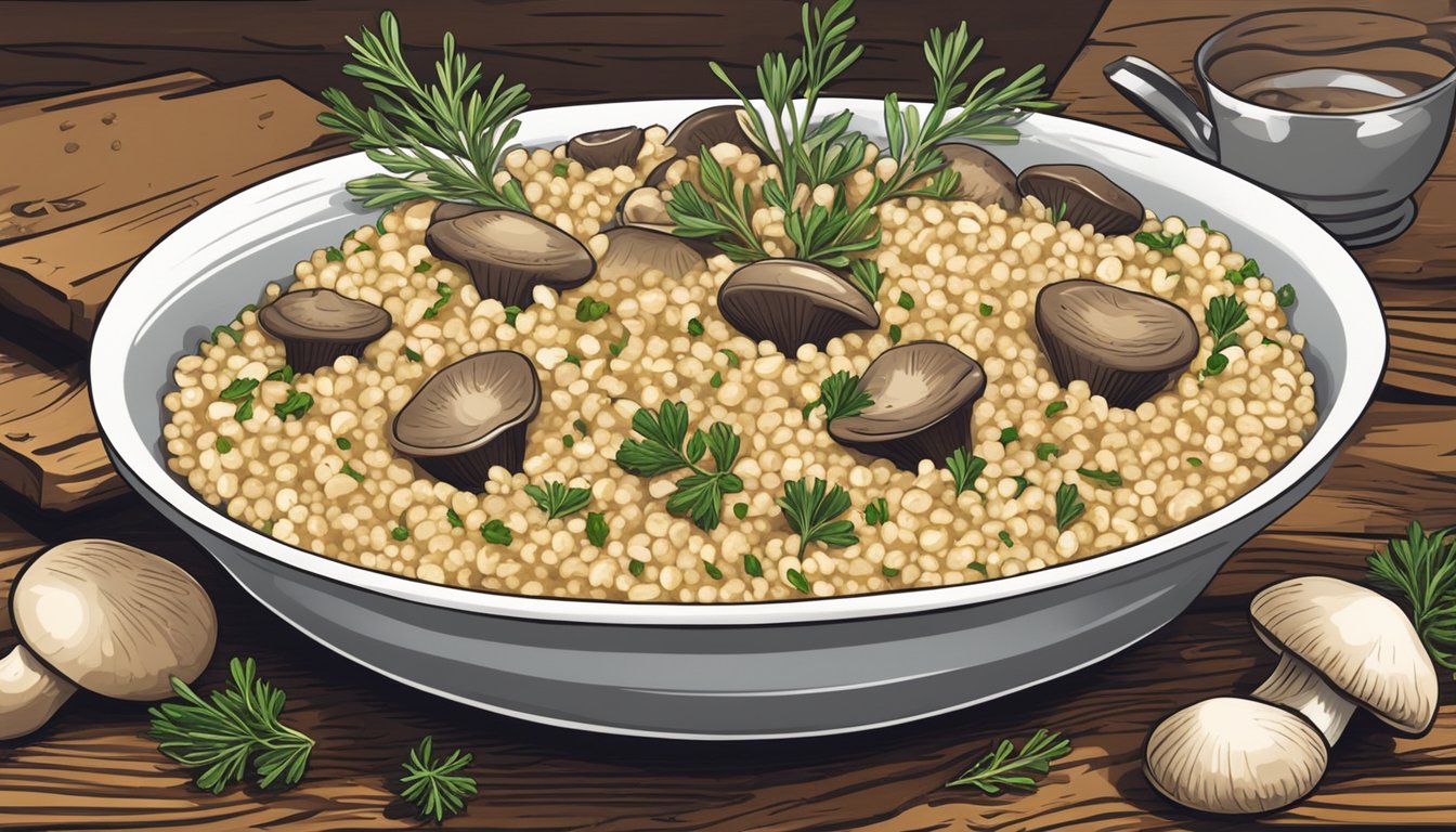 A steaming bowl of mushroom and thyme couscous surrounded by fresh thyme sprigs and sliced mushrooms on a rustic wooden table