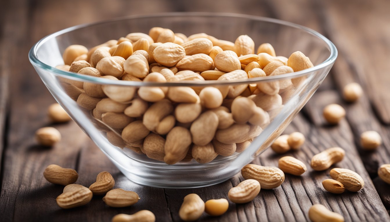 A glass heart-shaped bowl filled with peanuts sits centered on a wooden table