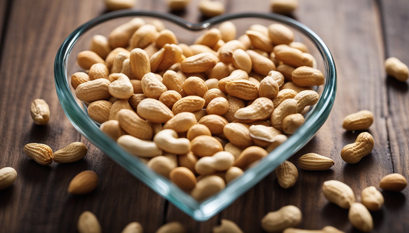 A glass heart-shaped bowl filled with peanuts sits centered on a wooden table