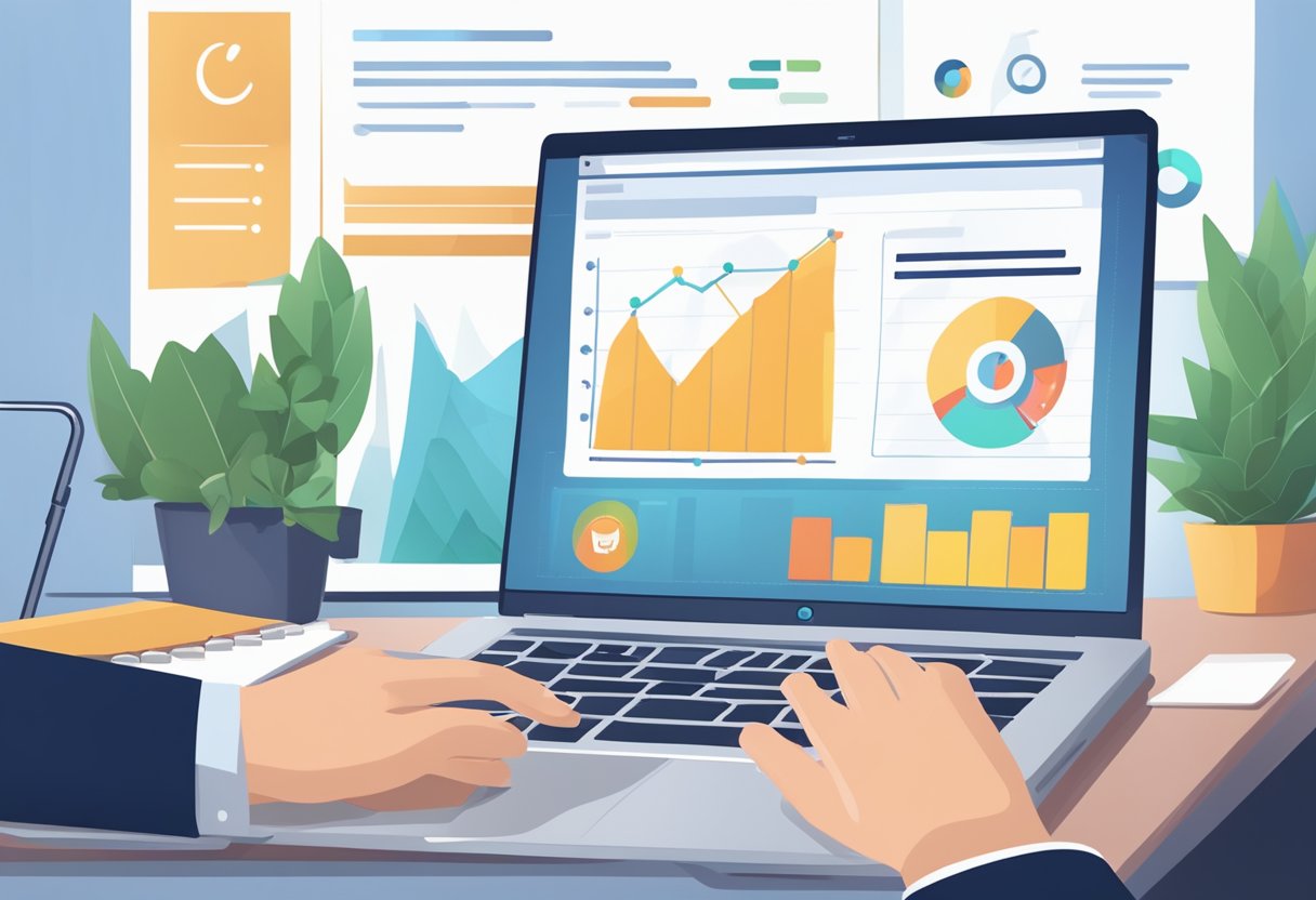 A laptop displaying a webinar on B2B content marketing, with a graph showing lead generation results. A person taking notes in the background