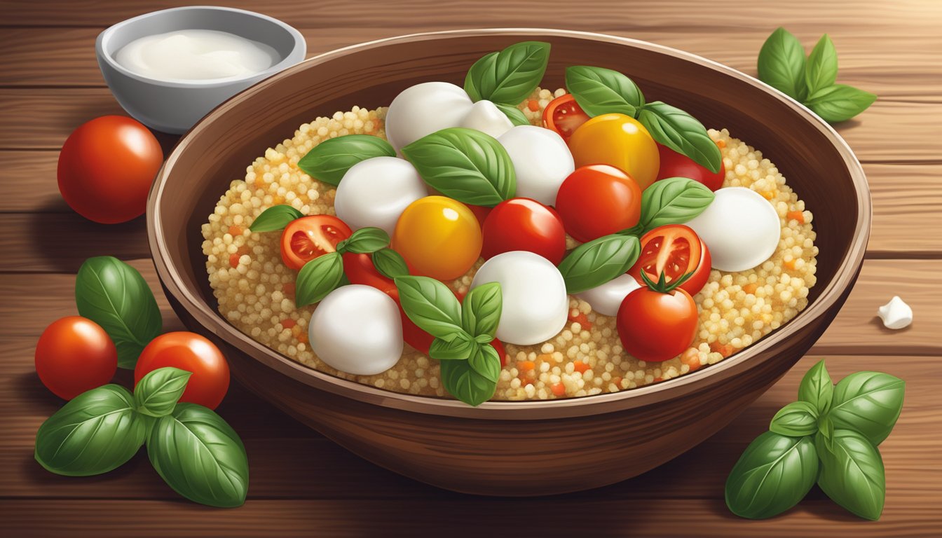 A vibrant bowl of Caprese couscous with cherry tomatoes, fresh mozzarella, and basil leaves, set on a rustic wooden table