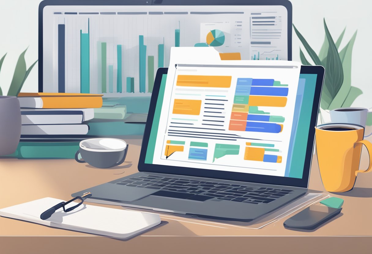 A laptop displaying a webinar on b2b content marketing with lead gen graphics, surrounded by a notepad, pen, and coffee mug