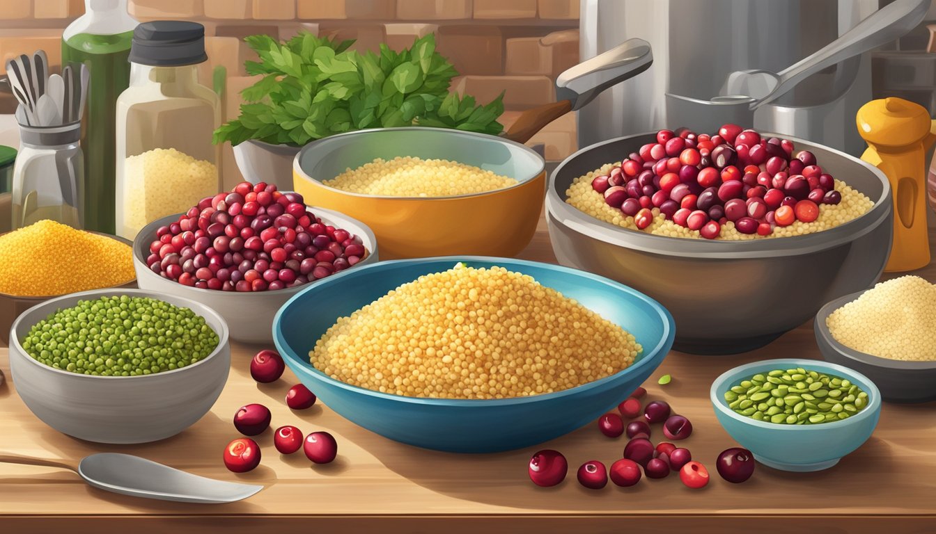 A colorful bowl of cranberry pistachio couscous surrounded by vibrant ingredients and cooking utensils on a kitchen countertop