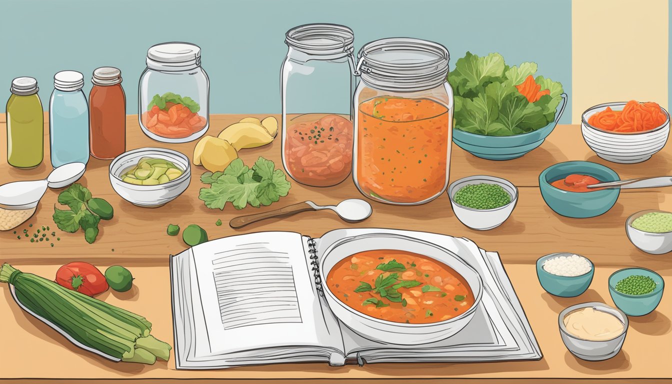 A colorful kitchen counter with various ingredients and utensils, including a jar of kimchi, a bowl of gazpacho, and a recipe book open to a page titled "10 Unexpected Ways to Cook with Kimchi."