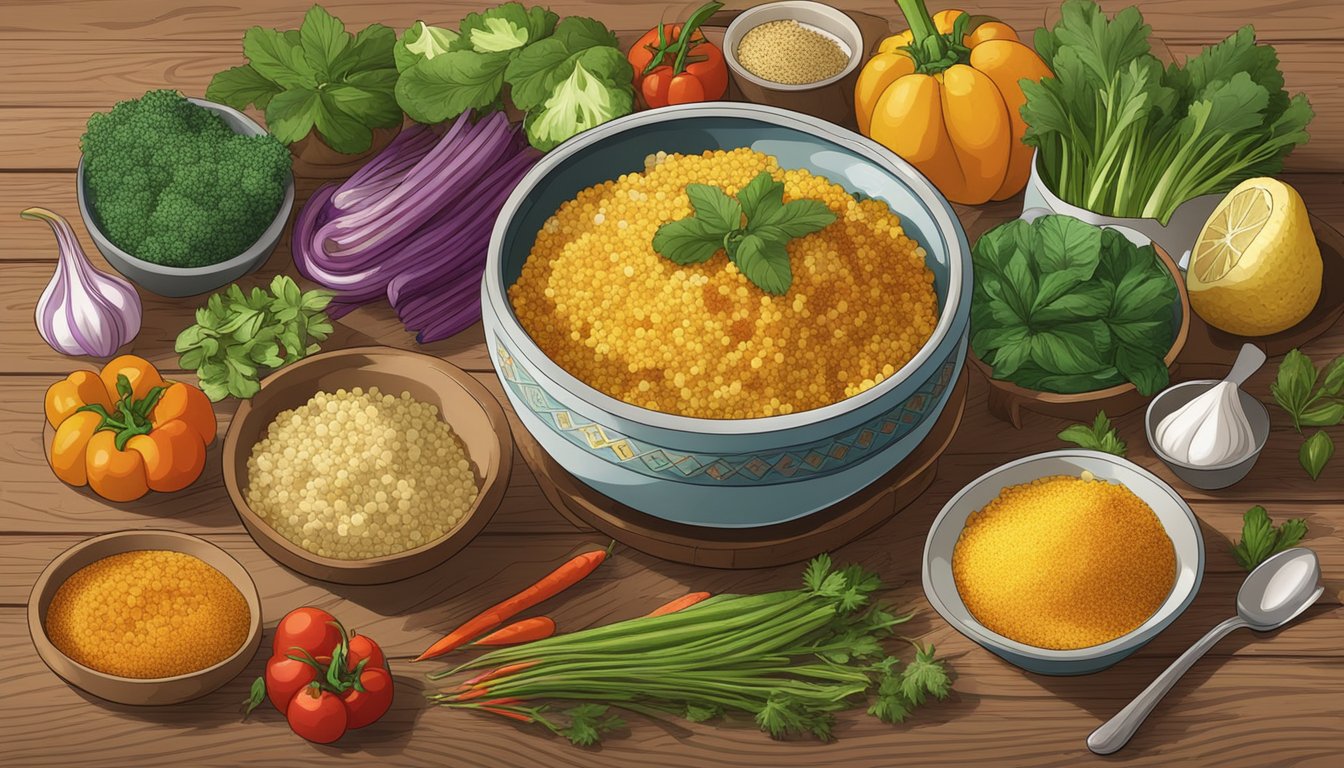 A steaming bowl of curry-spiced couscous surrounded by colorful vegetables and herbs on a rustic wooden table