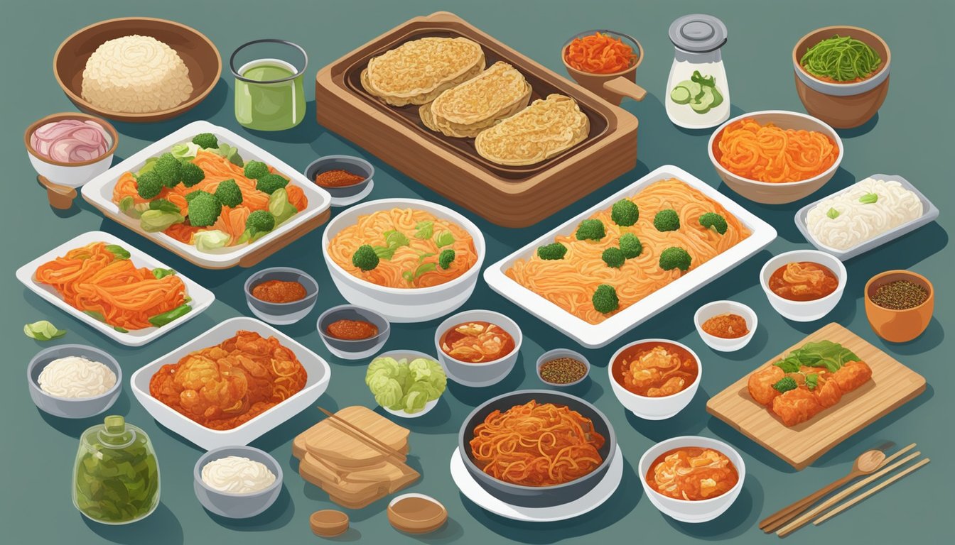 A colorful array of dishes featuring kimchi in various forms, from kimchi fried rice to kimchi pancakes, surrounded by vibrant ingredients and cooking utensils