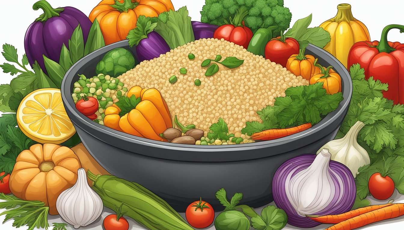 A colorful array of fresh vegetables, herbs, and spices surrounds a steaming bowl of fluffy couscous, highlighting its versatility and nutritional benefits