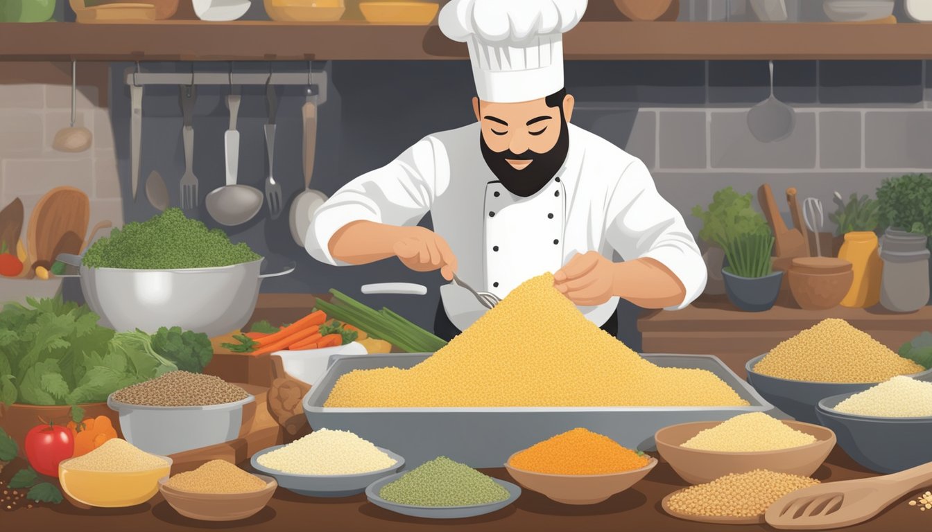 A chef effortlessly fluffs couscous with a fork, surrounded by various ingredients and spices for creating quick and flavorful side dishes