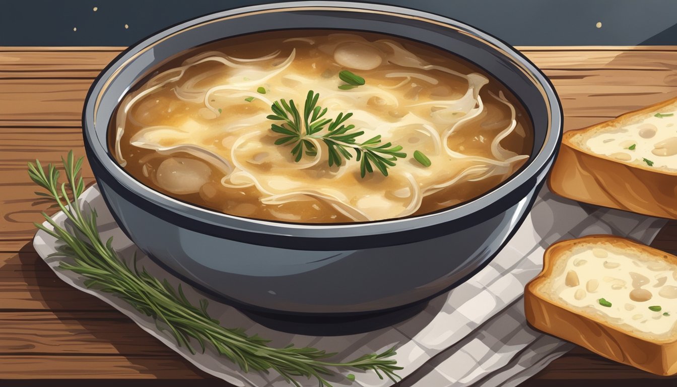 A steaming bowl of French onion soup sits on a rustic wooden table, surrounded by a scattering of sliced onions, a sprig of fresh thyme, and a crusty slice of bread topped with melted gruyere cheese