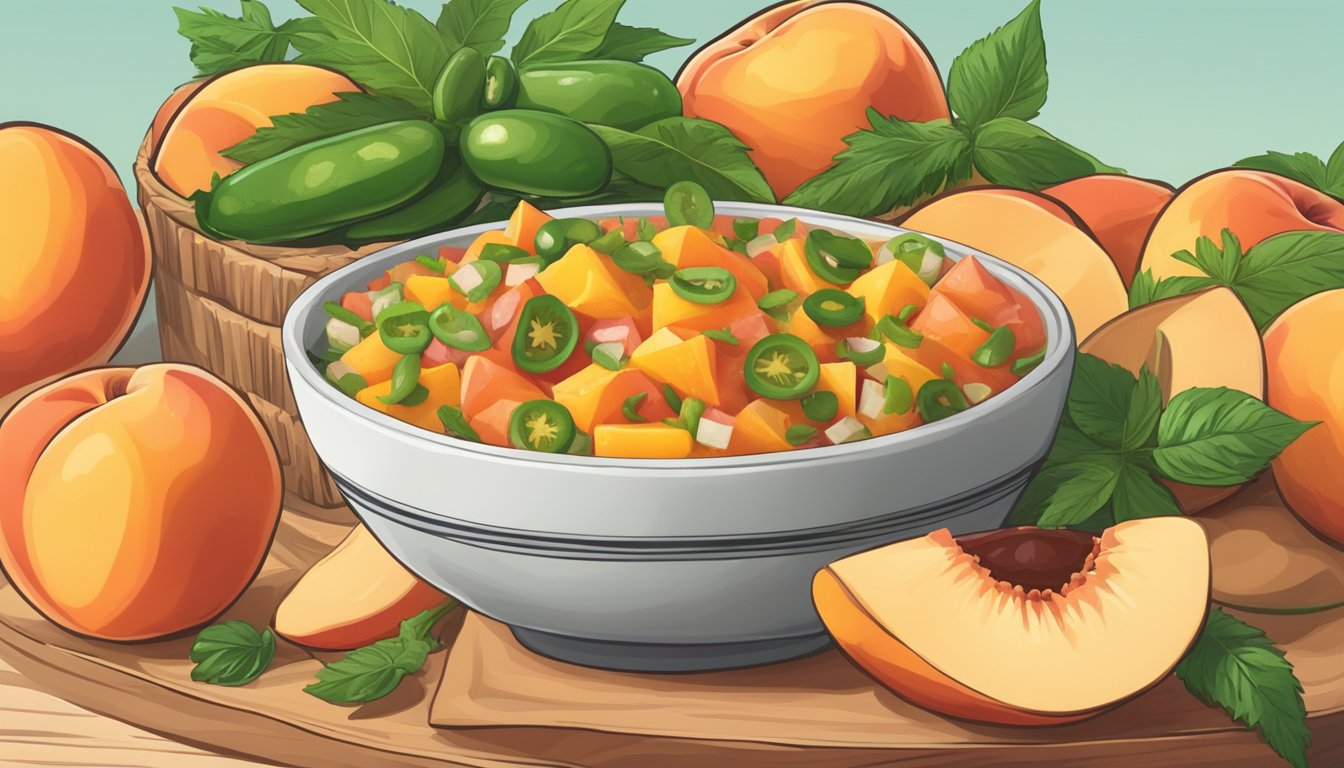 A colorful bowl of peach salsa surrounded by fresh peaches, cilantro, and jalapenos. A stack of taco shells sits nearby