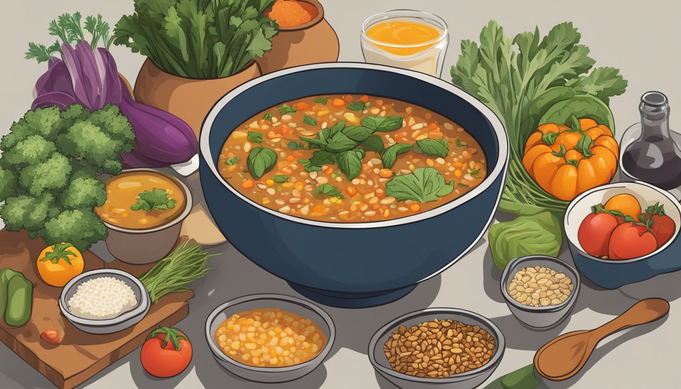 A steaming bowl of farro and roasted vegetable soup surrounded by a variety of colorful, fresh ingredients