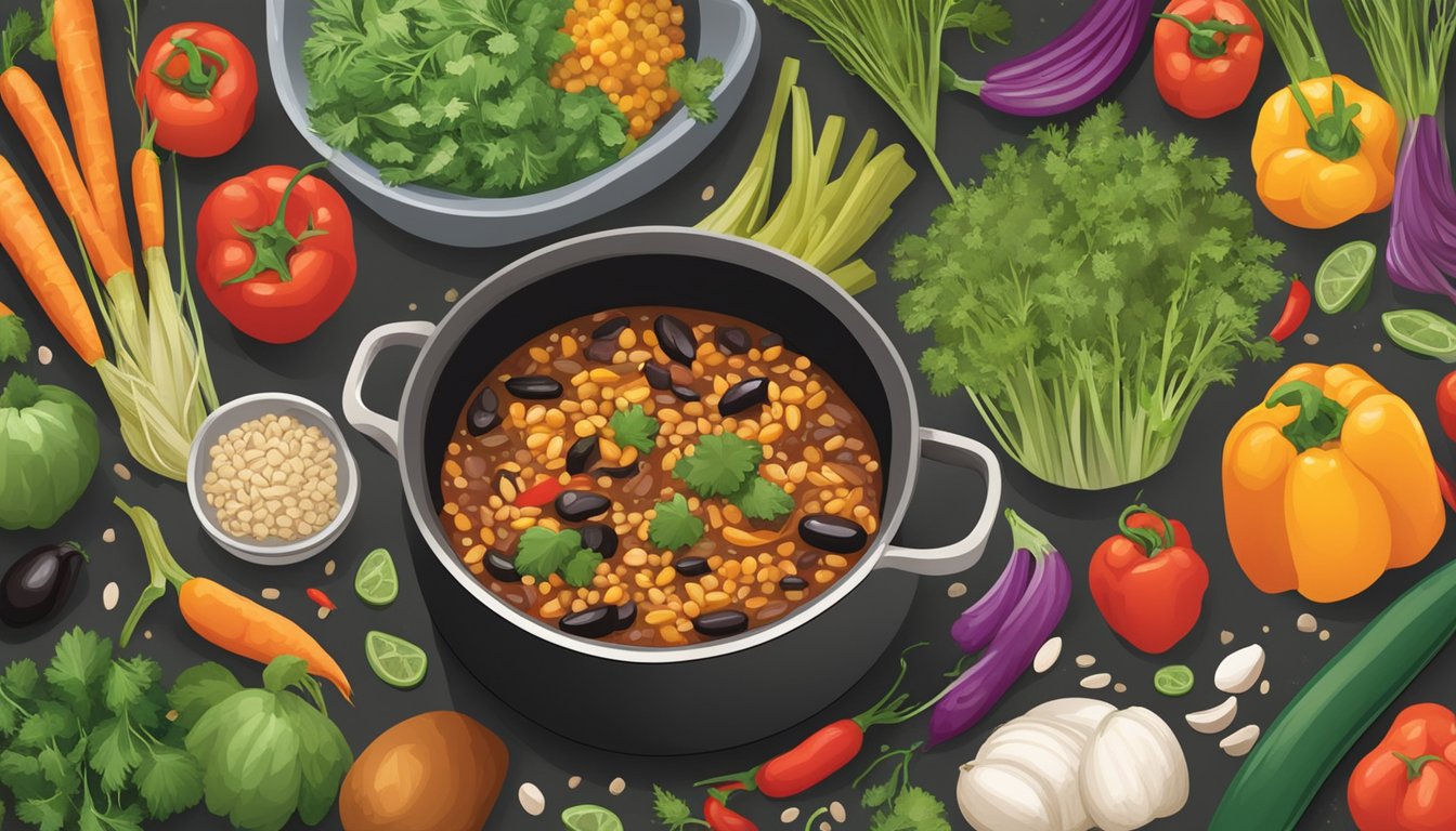 A steaming pot of farro and black bean chili surrounded by colorful vegetables and herbs