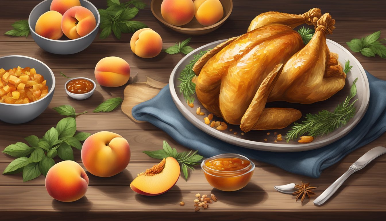 A golden roasted chicken surrounded by fresh peaches and a vibrant peach chutney, set on a rustic wooden table with herbs and spices scattered around