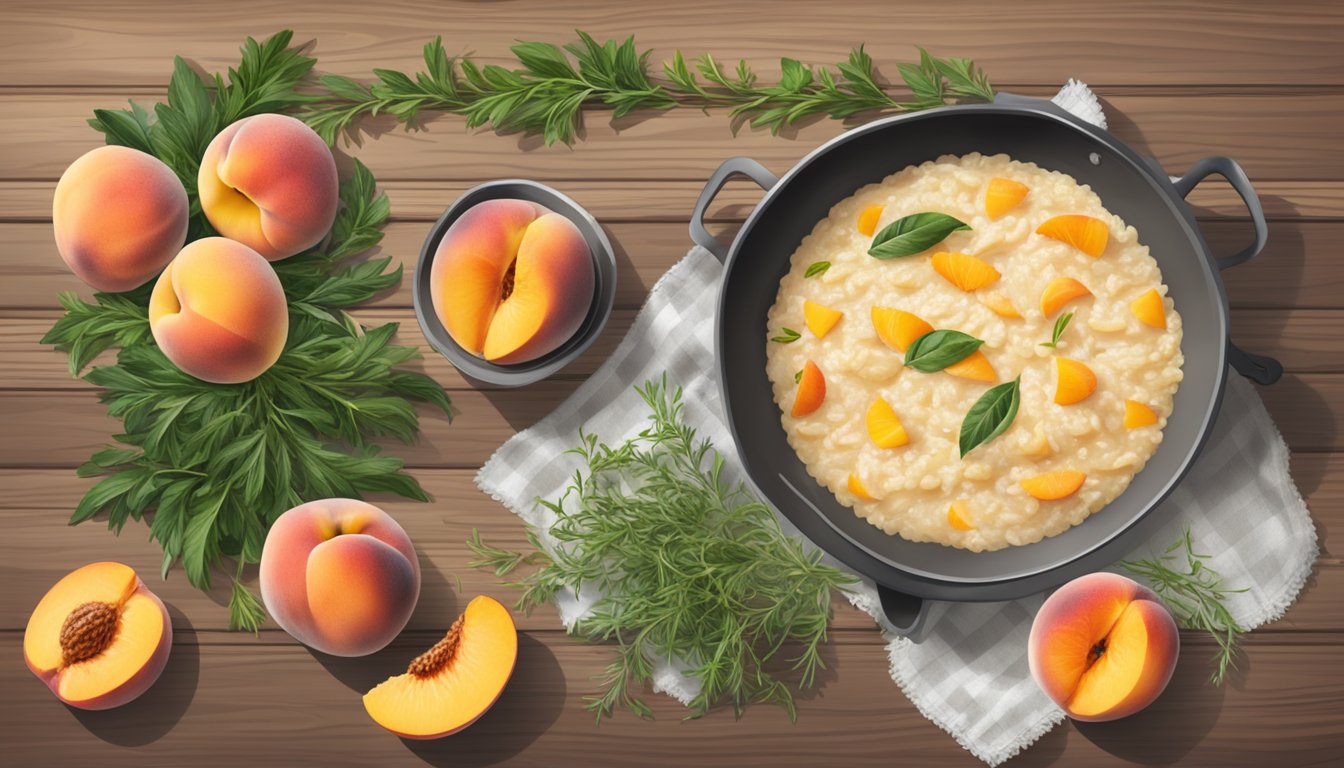 A steaming pot of peach and thyme risotto surrounded by fresh peaches and sprigs of thyme, set on a rustic wooden table