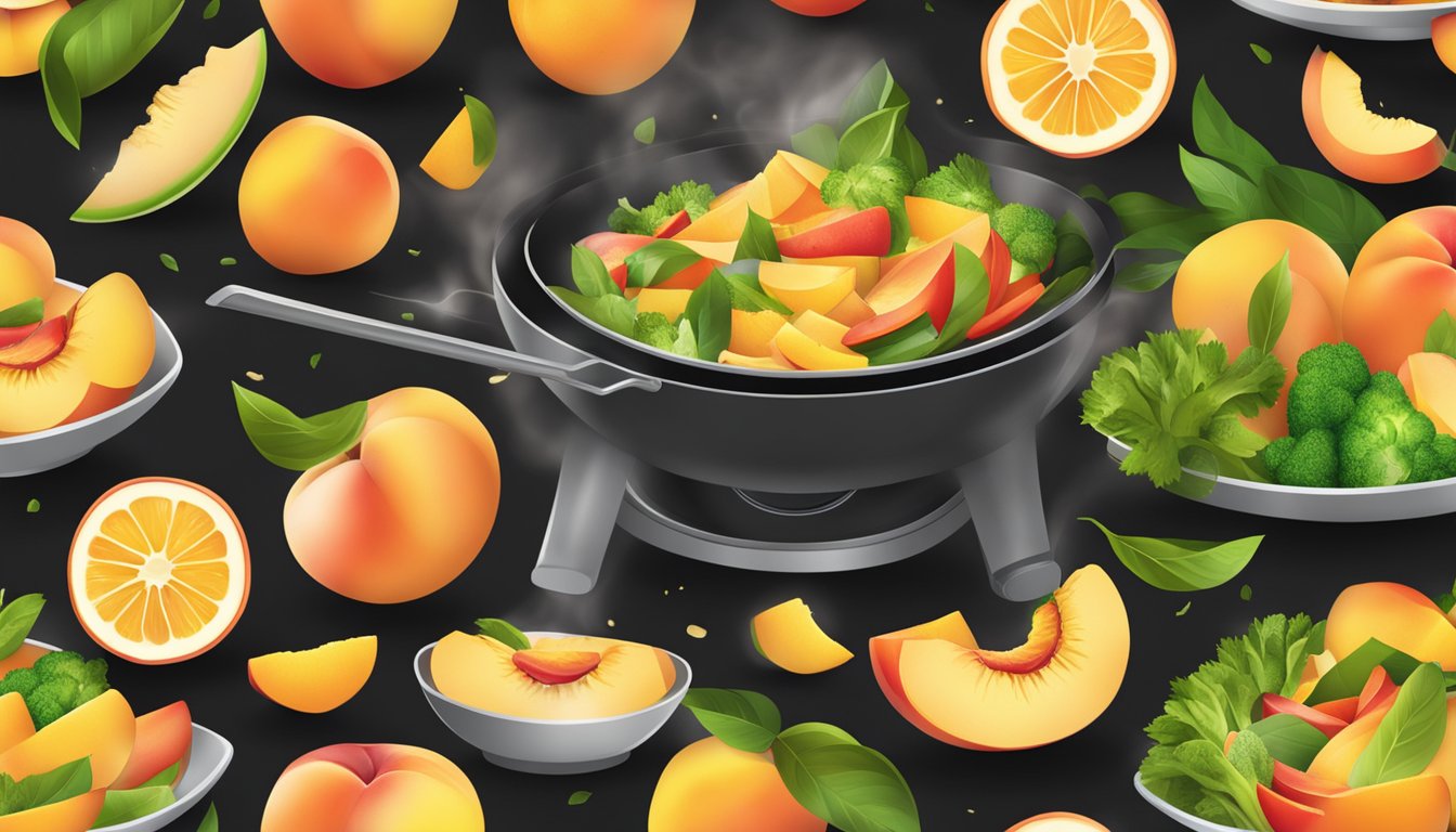 A sizzling wok filled with colorful slices of peaches, ginger, and assorted vegetables, emitting a mouthwatering aroma