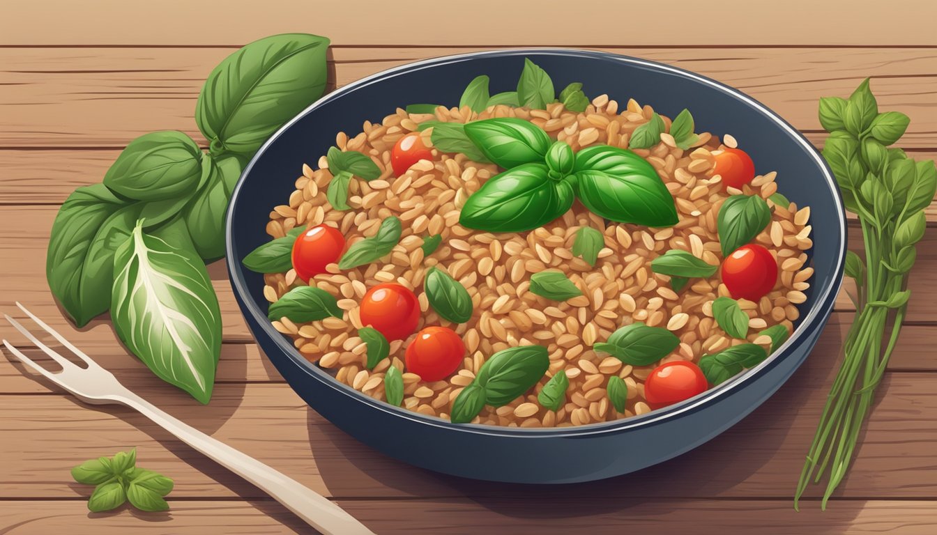 A bowl of farro salad with tomatoes and basil, surrounded by fresh ingredients and a rustic wooden table