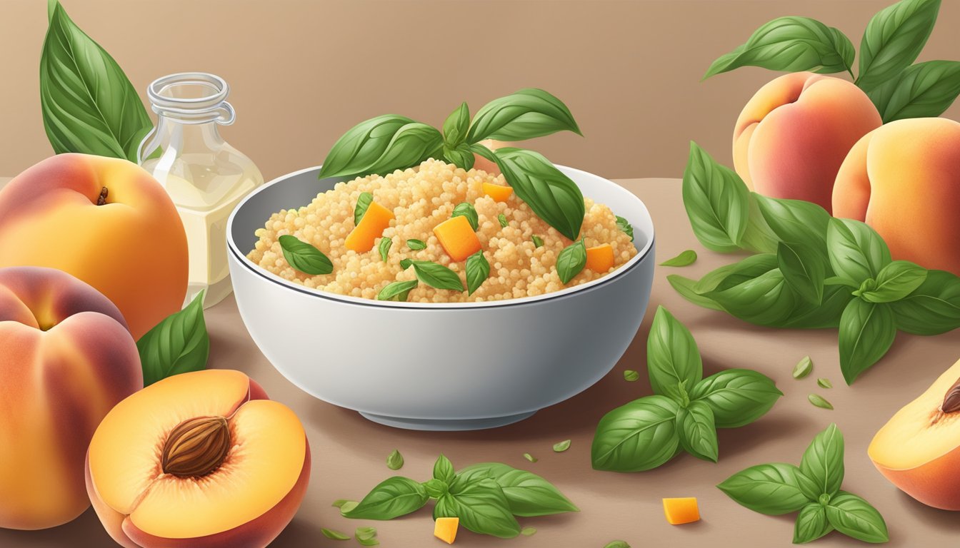 A bowl of peach and basil couscous surrounded by fresh peaches, basil leaves, and other savory ingredients, with a warm and inviting color palette