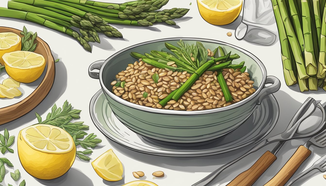 A rustic bowl of lemon herb farro with vibrant green asparagus, surrounded by fresh ingredients and cooking utensils