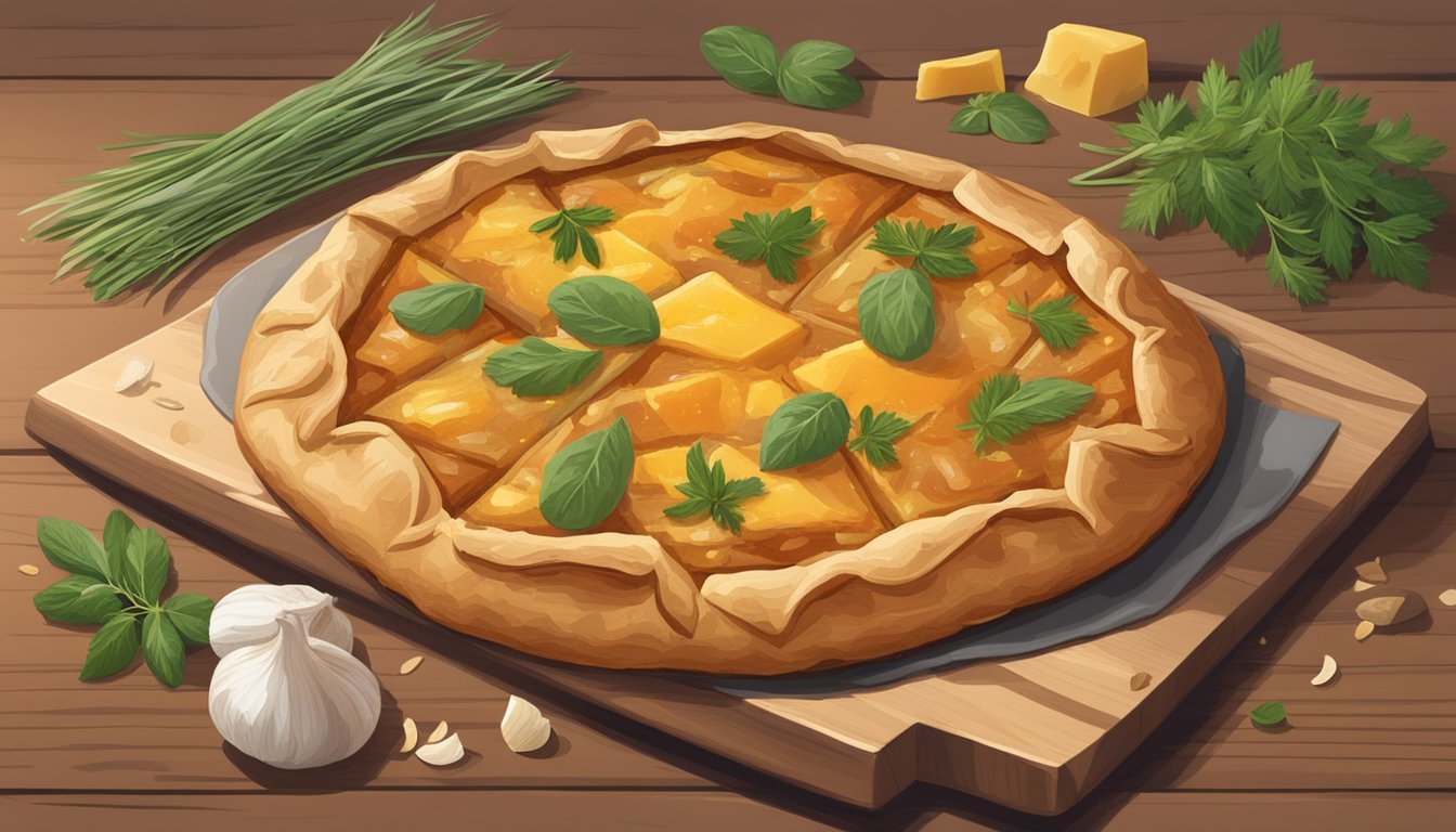 A rustic galette with caramelized onions, sharp cheddar, and fresh herbs on a flaky, golden-brown crust, set on a wooden serving board