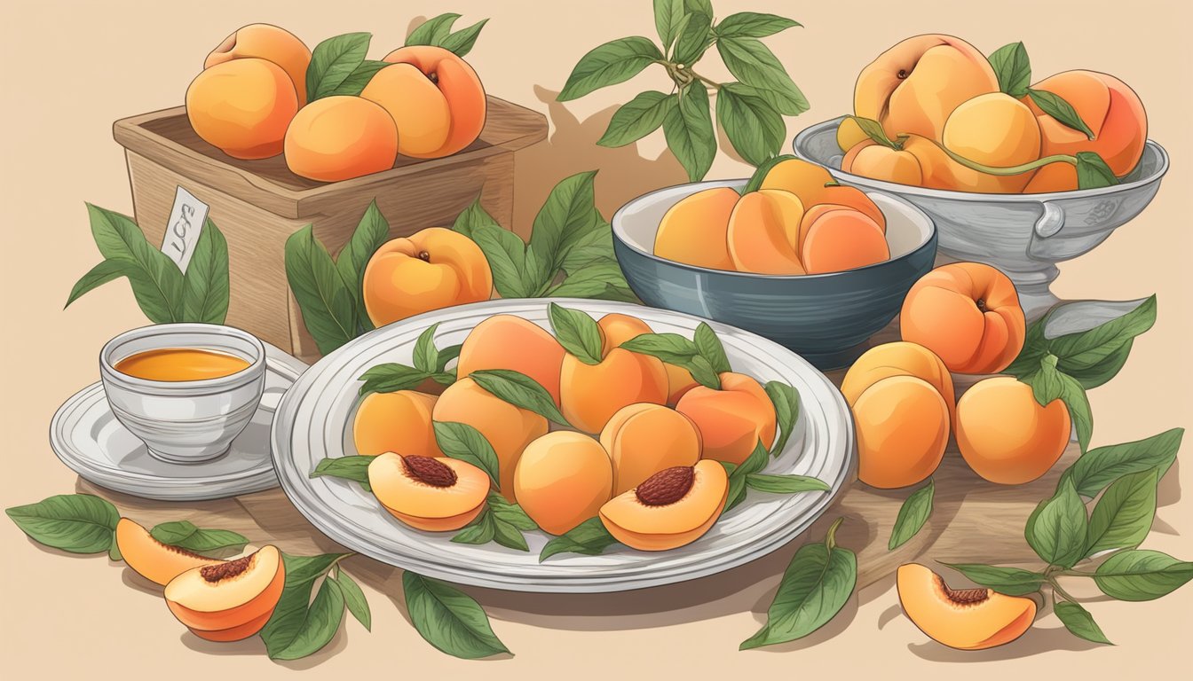 A table set with various savory dishes incorporating peaches, surrounded by ripe peaches and a sign listing the health benefits of the fruit