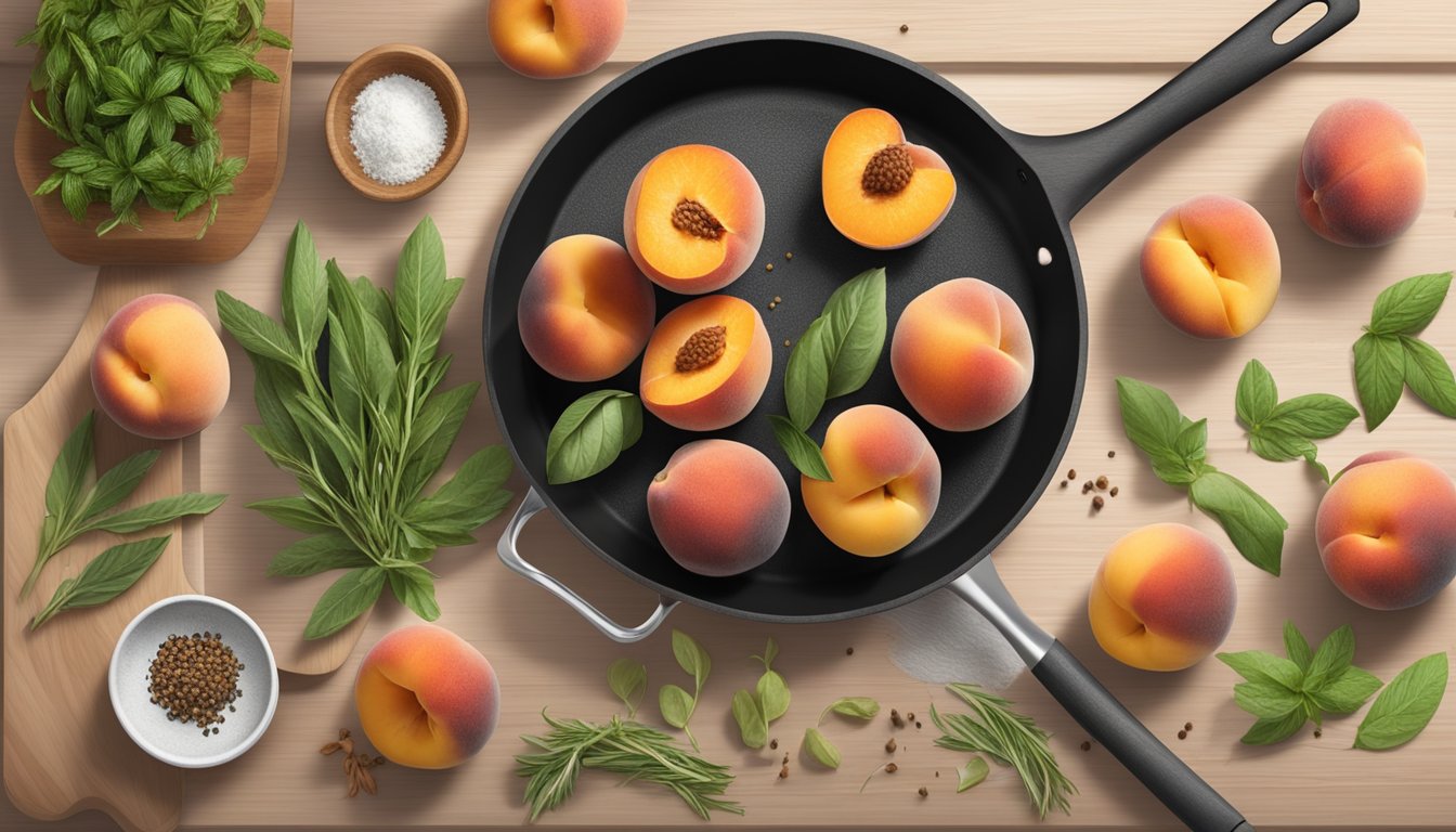 Fresh peaches, herbs, and spices arranged on a wooden cutting board next to a skillet and various cooking utensils