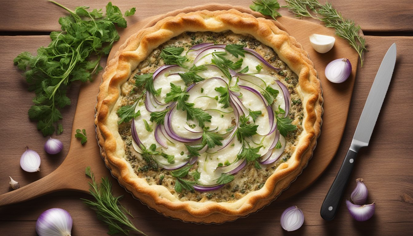 A rustic onion and goat cheese tart on a wooden cutting board, surrounded by fresh herbs and scattered onion peels