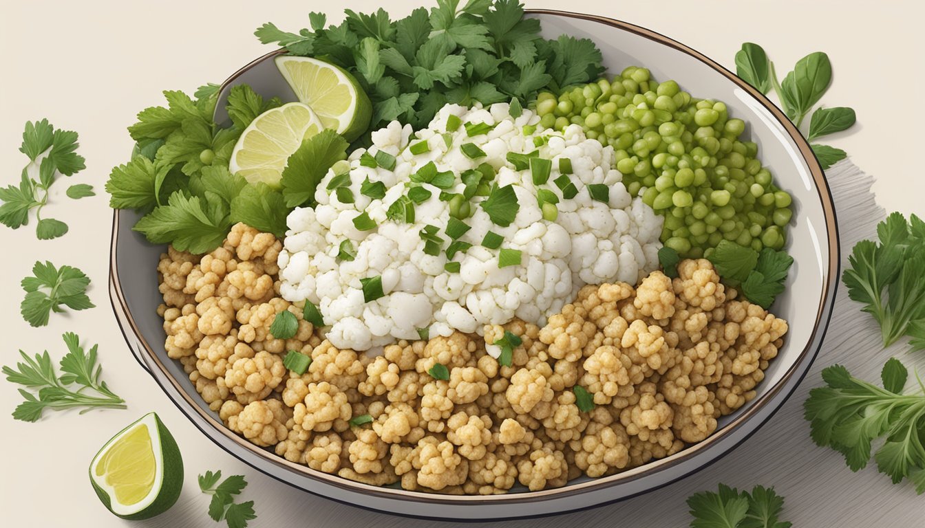 A bowl of farro topped with roasted cauliflower and green salsa, surrounded by fresh ingredients like herbs and vegetables