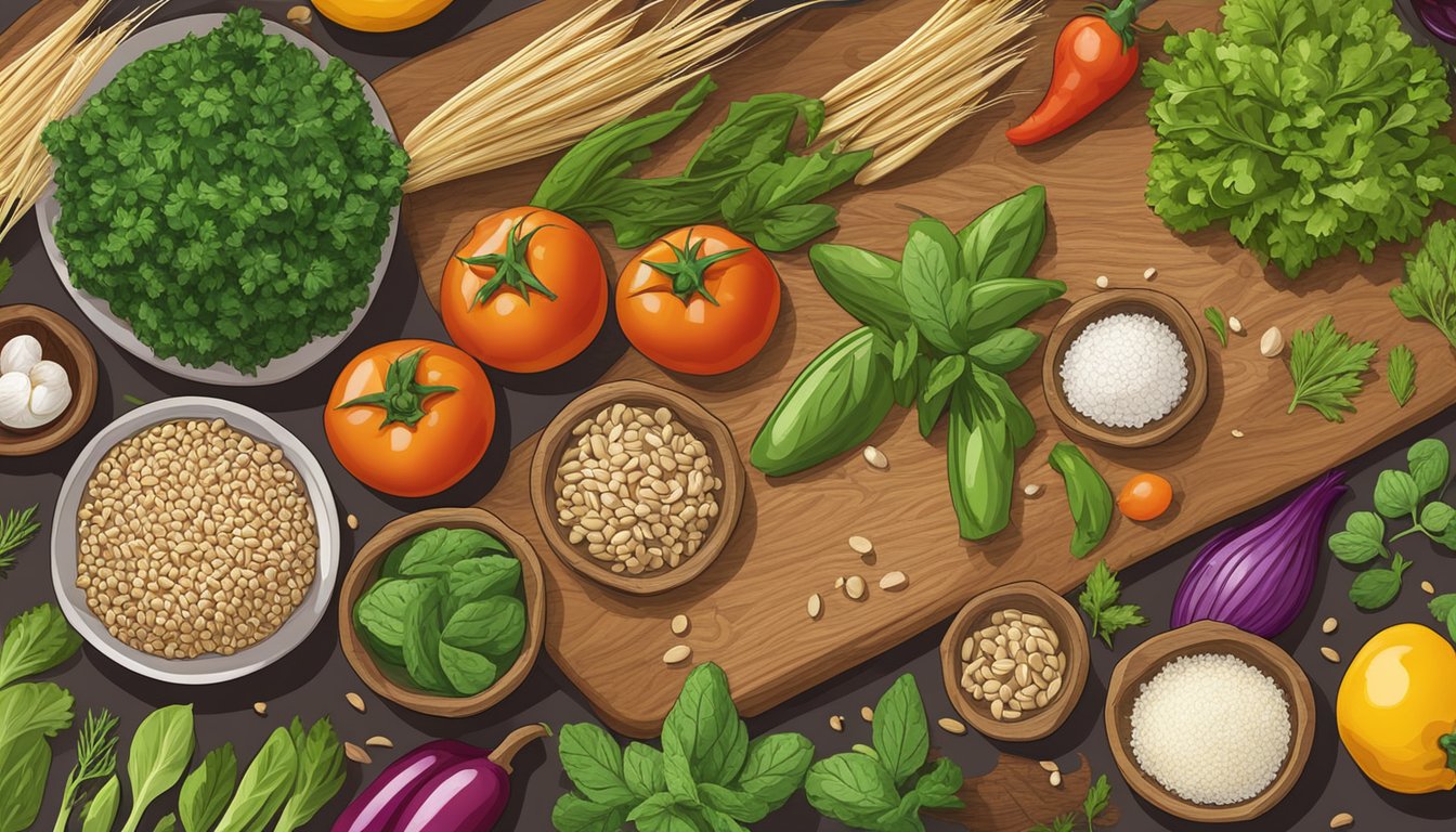 A colorful array of ingredients, including farro, vegetables, and herbs, arranged on a wooden cutting board