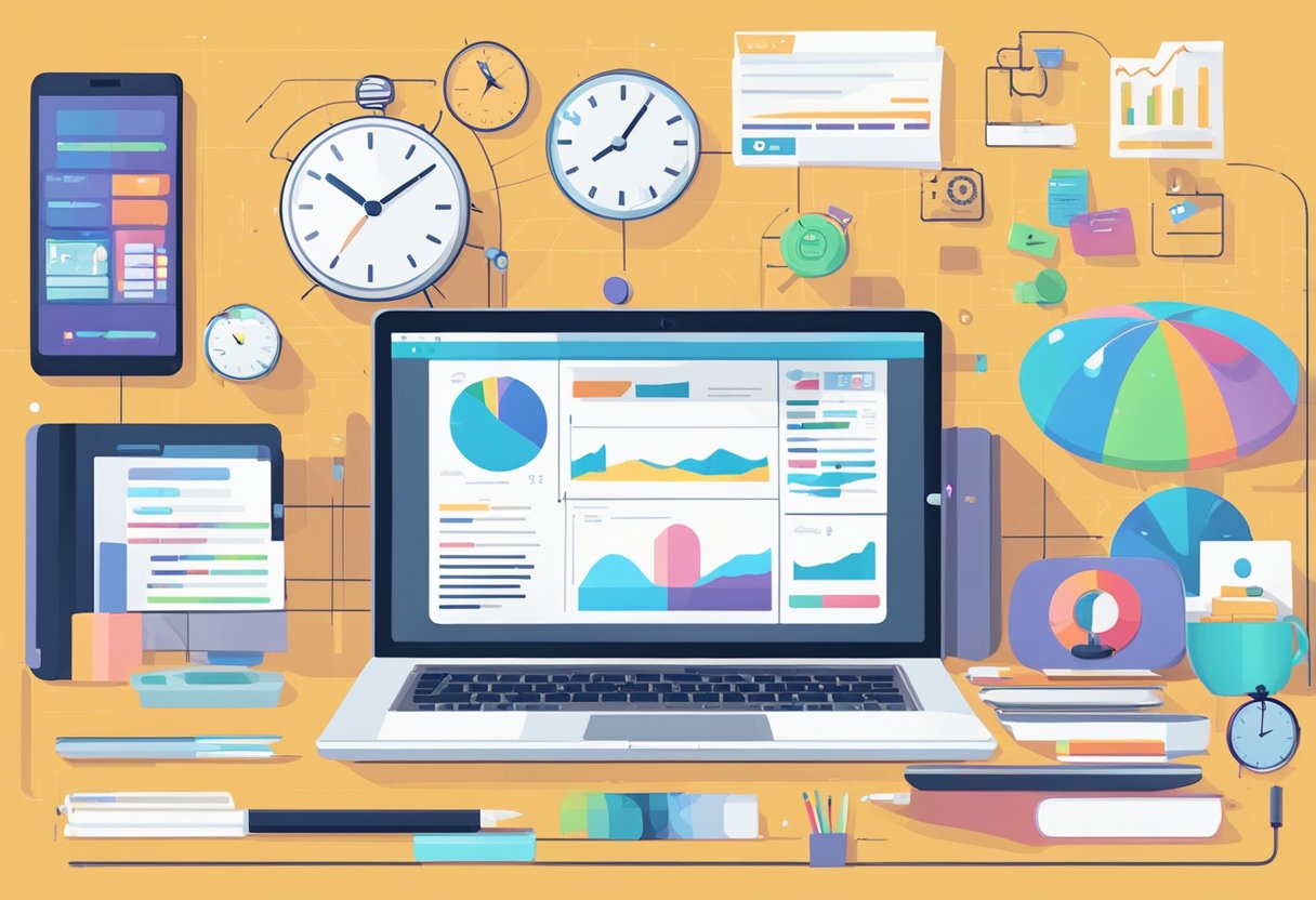 A laptop surrounded by various digital marketing tools and charts, with a clock showing efficient time management