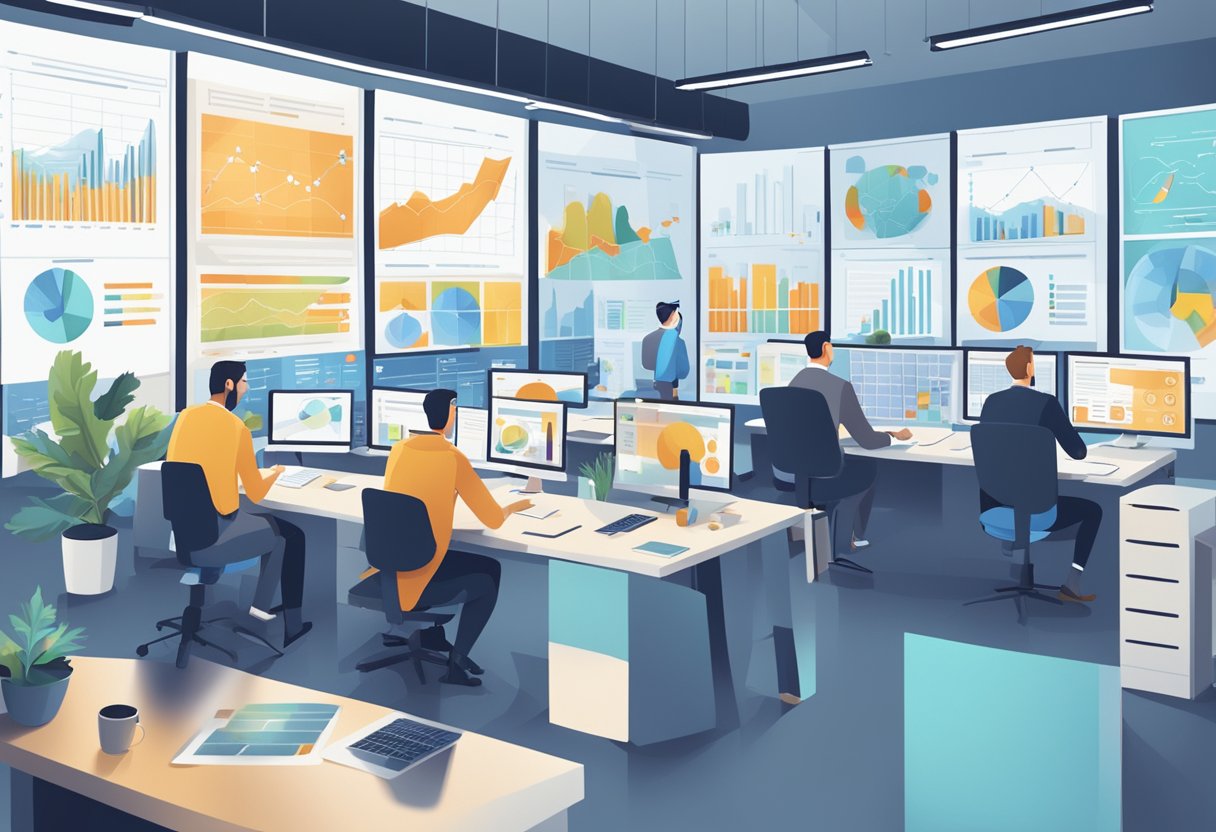 A bustling office with multiple screens displaying data analytics and marketing strategies, while a team of professionals collaborate and brainstorm ideas