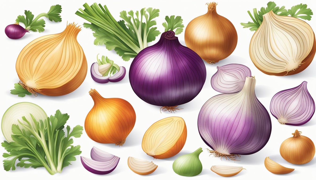 A colorful array of 20 dishes, each highlighting the nutritional benefits of onions through their vibrant and appetizing presentation